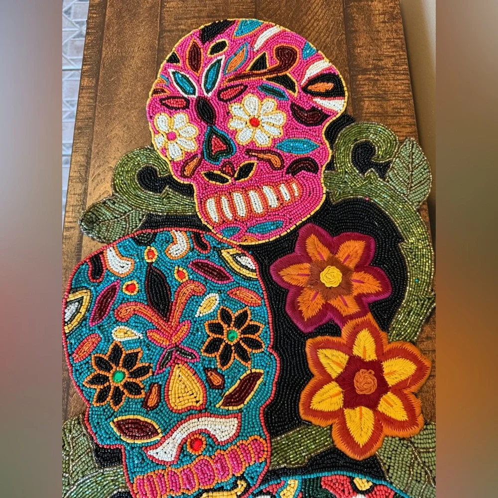 RARE! HTF! NWT Pier One Sugar Skull Day of the Dead Ornate Beaded Tablerunner